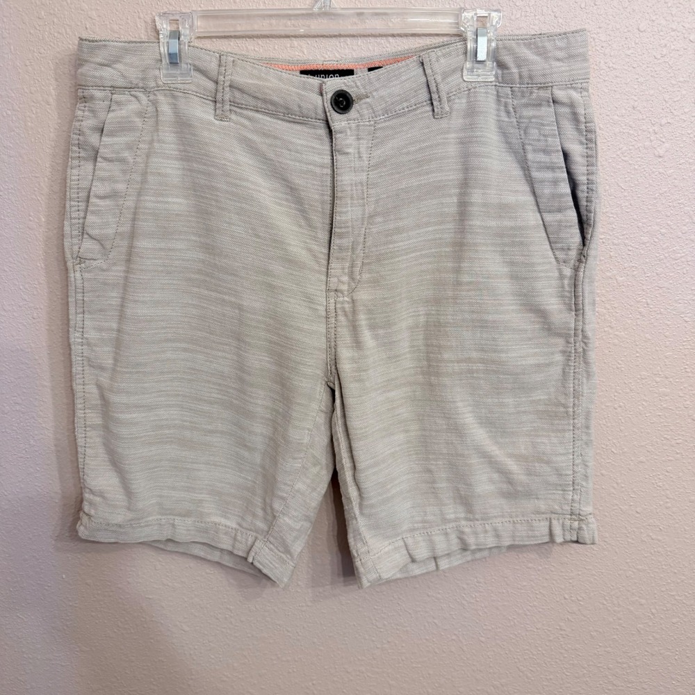 Union Mens Khaki Textured Cotton Shorts Beige Size 33 Flat Front Casual